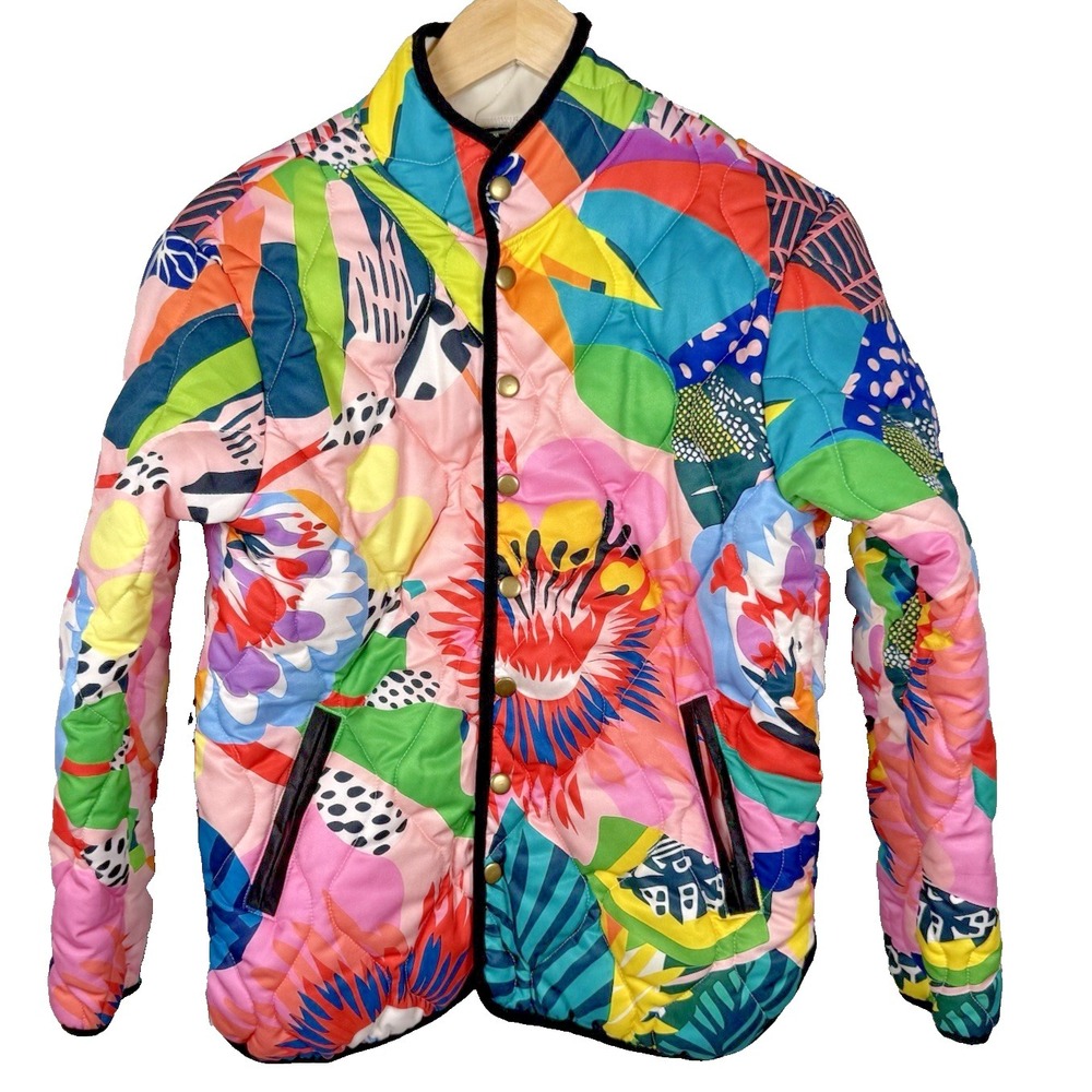 Vibrant Quilted Puffer Jacket - Multicolor Abstract Floral Patchwork Print - Med